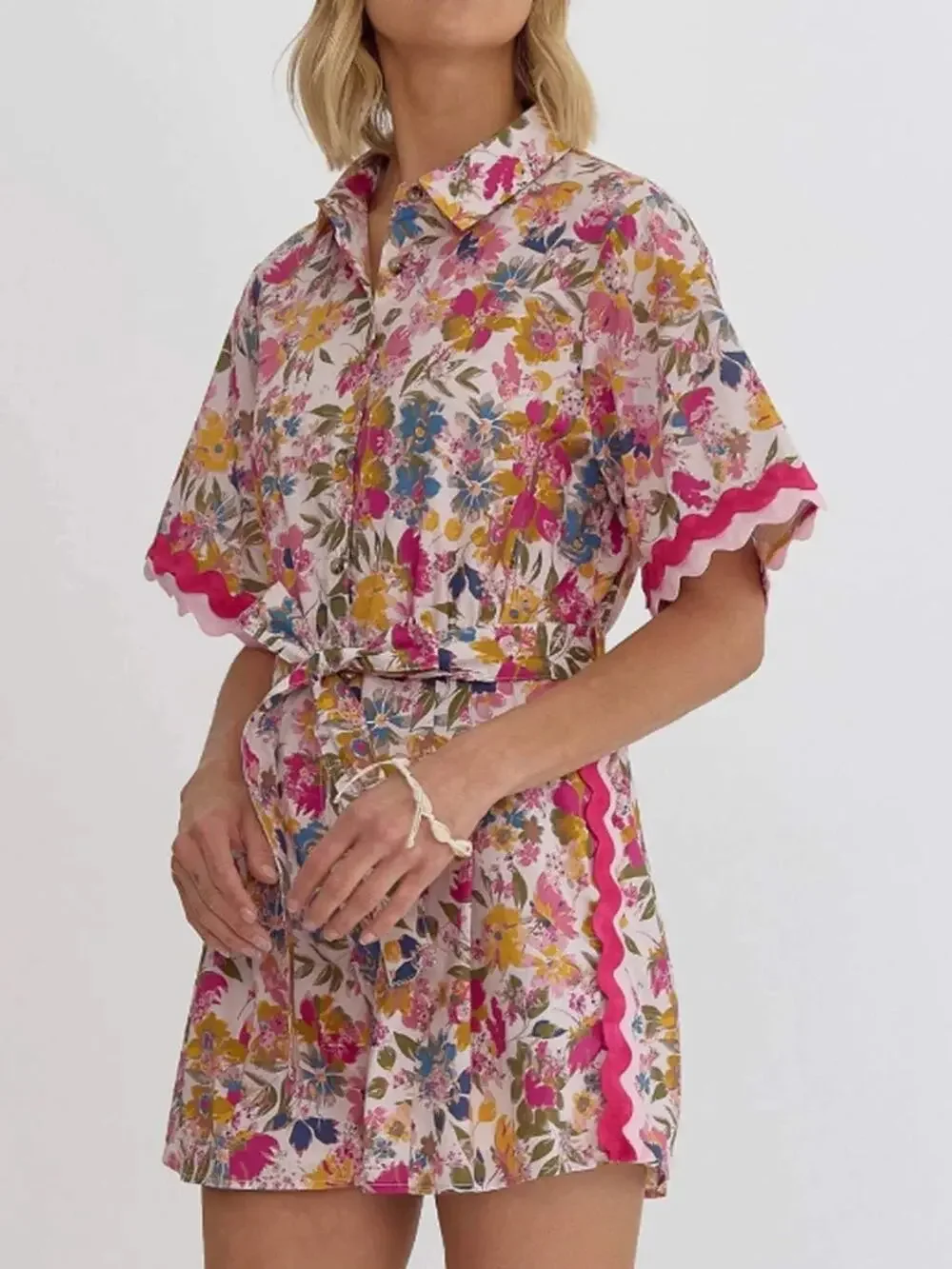 Entro Boutique | Preppy Summer Floral Ric Rac Trim Romper 100% Cotton Spring - Picture 1 of 13